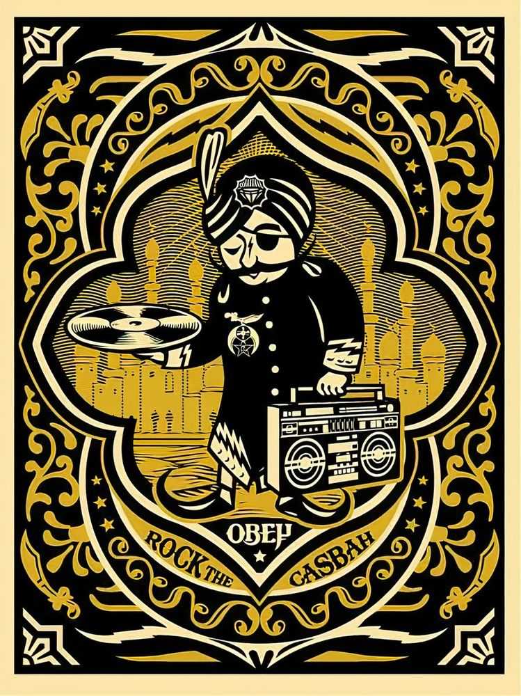 Shepard Fairey (Obey), ‘Rock The Casbah (Gold)’, 2007, Print, Screenprint in colours on speckled paper, Self-released, Numbered, Dated