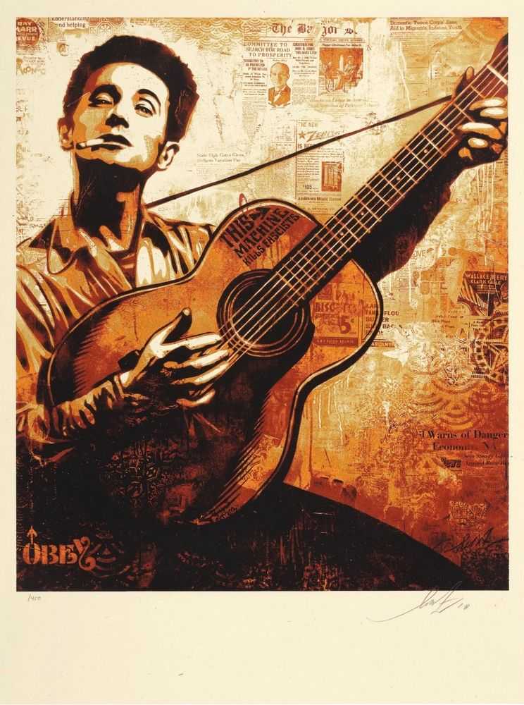 Shepard Fairey (Obey), ‘Woody Guthrie Canvas’, 2010, Print, Screenprint in colours on speckled paper, Self-released, Numbered, Dated