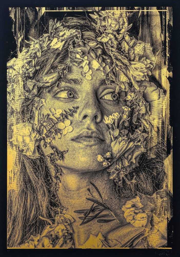 Snik, ‘Overcome - Gold’, 2025, Print, hand-cut stencil work metallic screen print, Goldmark Atelier, 