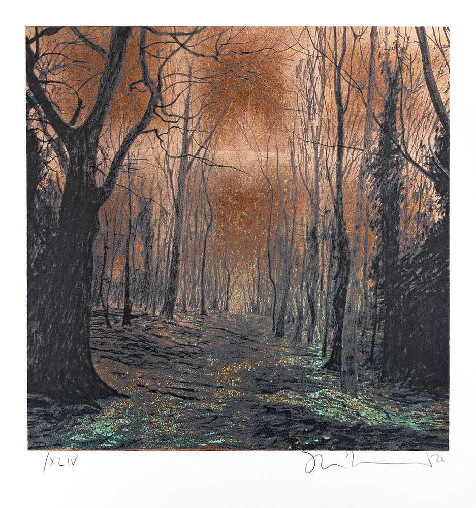 Stanley Donwood, ‘Three Cornered Copse III’, 2021, Print, A five/six layer screenprint and copper leaf on a 410gsm English Somerset velvet paper with a torn edge, Whistleblower Gallery, Numbered, Dated