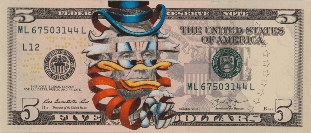 Super A, ‘Scrooge McDuck’, 15-01-2021, Print, Digital DTG print on U.S. Five Dollar Bill, Thinkspace Gallery, Numbered