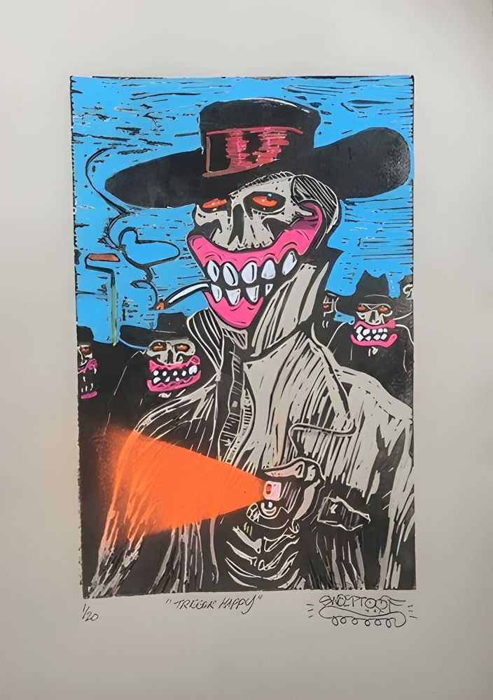 Sweet Toof, ‘Trigger Happy’, 01-01-2020, Print, Linocut, Self Released, Numbered, Handfinished