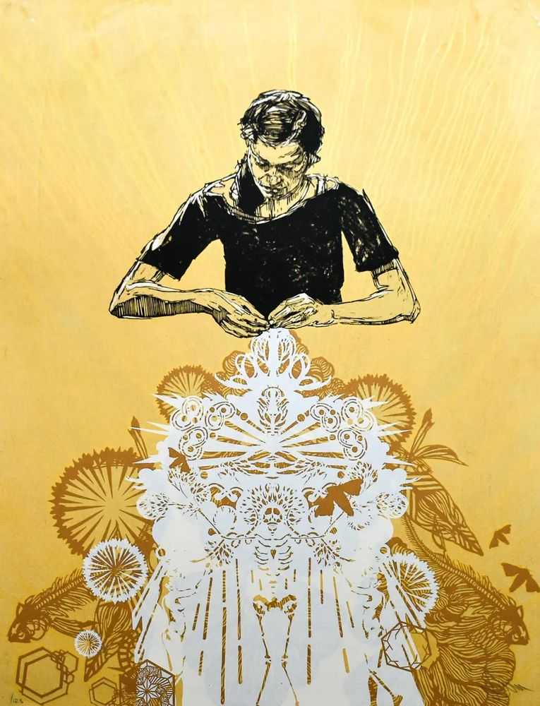 Swoon, ‘Alison The Lacemaker’, 20-07-2016, Print, 4 color silkscreen on handmade tea stained jute paper, Self-released, Numbered, Handfinished