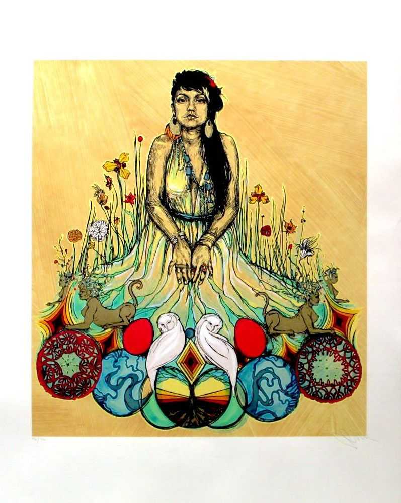 Swoon, ‘Moni And The Sphynx’, 25-05-2017, Print, 15 color Silkscreen with hand painted acrylic gouache and watercolor, Self-released, Numbered, Handfinished