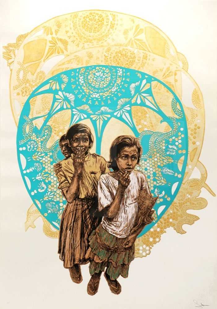 Swoon, ‘Sambhavna’, 04-03-2011, Print, Each work is made up of 4 layers. The background is a huge sheet of white paper and the yellow is a collograph. The green/blue halos are laser cut and finally the girls themselves are screenprint, Black Rat Press, Numbered