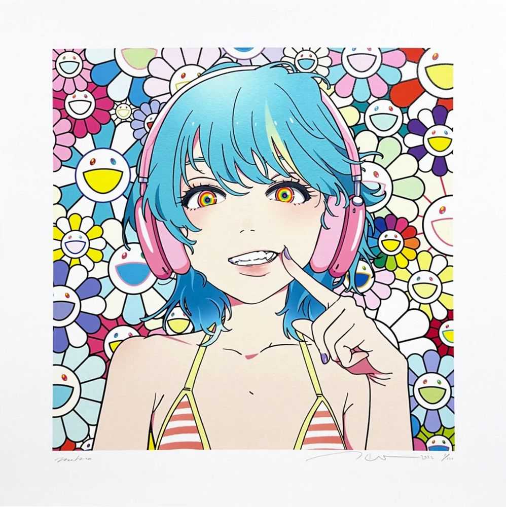 Takashi Murakami, ‘Blue hair, pink headphones w MF’, 16-11-2022, Print, Archival Pigment Print + Silkscreen, Cherry Fukuoka, Numbered