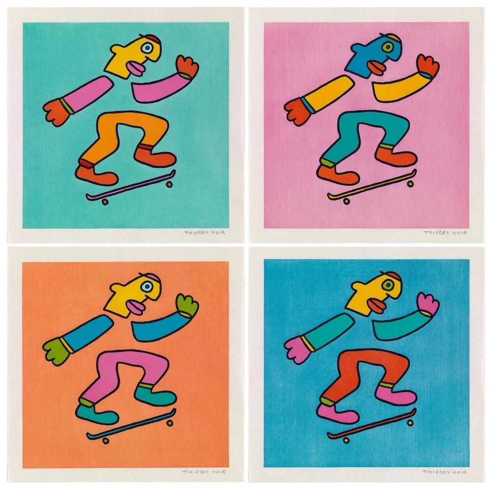 Thierry Noir, ‘Skateboarding, Suite of 4 Prints (Teal, Blue, Pink, Orange)’, 2024, Print, Ukiyo-e Woodcut on Japanese Rice Paper, null, Numbered