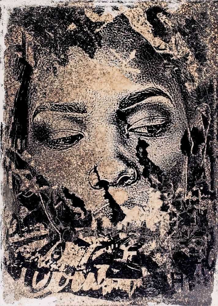 Vhils, ‘Taciturn’, 2018, Print, Screenprint ink, Quink ink, bleach, and acid hand-finished on Keaykolour Original China White 300 g/m2 paper, Goldman Global Arts, Numbered, Handfinished