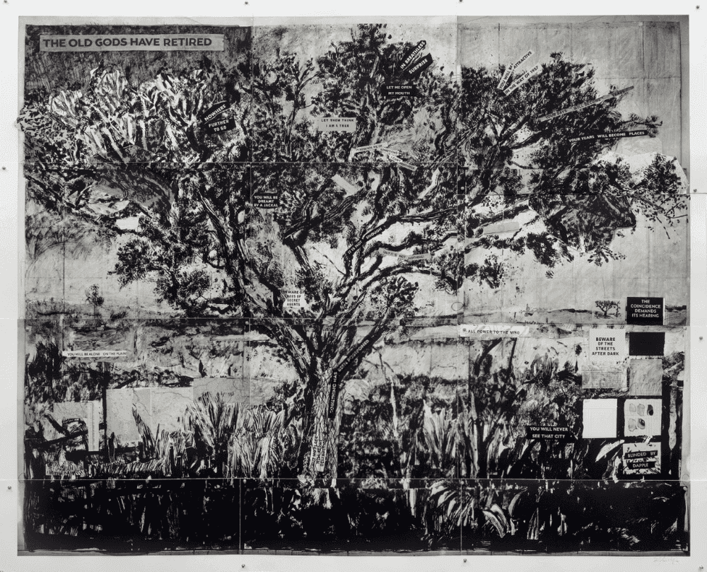 William Kentridge, ‘The Old Gods Have Retired’, 2022, Print, Photogravure, sugarlift aquatint, direct gravure, drypoint and chine collé with found ledger encyclopedia paper and various other papers with handpainting on Hahnemühle Natural, White, 300gsm, null, 