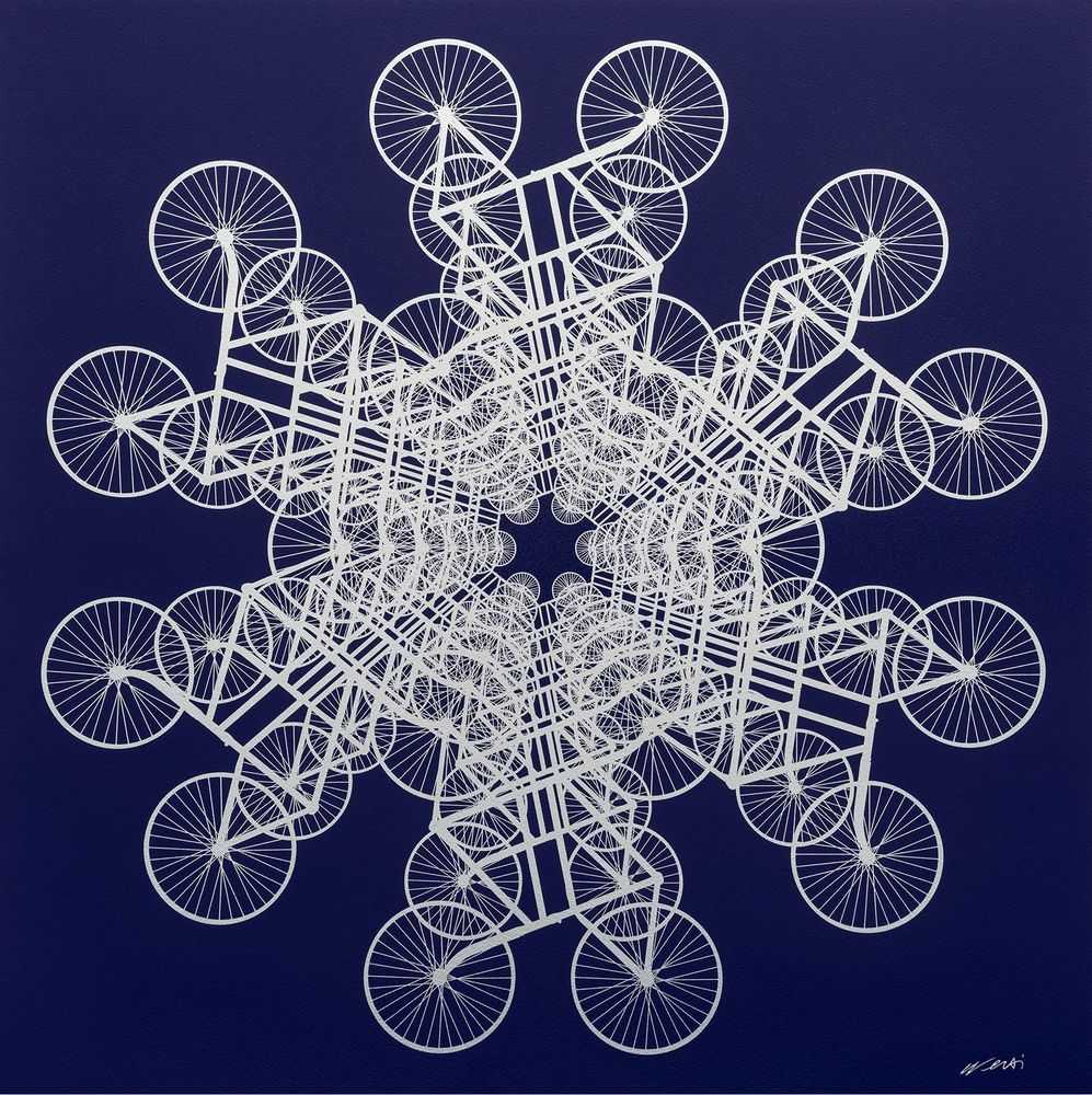 Ai Weiwei, ‘Forever Bicycle (Blue & Silver)’, 2025, Print, 3 layer silkscreen print on Somerset 410gsm Somerset Tub Sized Radiant White paper with silver metal leaf embellishment, Avant Arte, Numbered