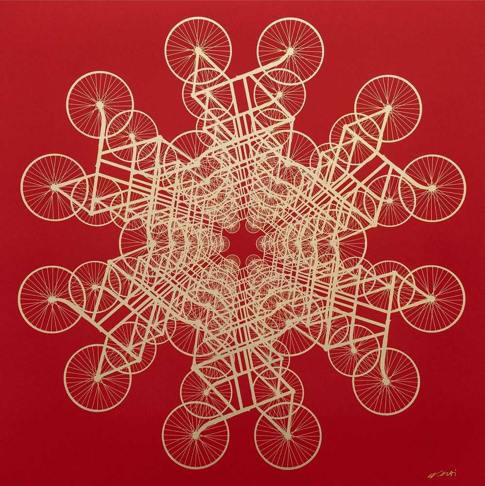 Ai Weiwei, ‘Forever Bicycle (Red & Gold)’, 2025, Print, 3 layer silkscreen print on Somerset 410gsm Somerset Tub Sized Radiant White paper with gold metal leaf embellishment, Avant Arte, 