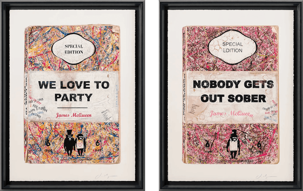 James McQueen, ‘We Love To Party & Nobody Gets Out Sober (Framed Set of 2)’, 2025, Print, Mixed media limited edition on Somerset Satin 410gsm paper, Castle Fine Art, Numbered