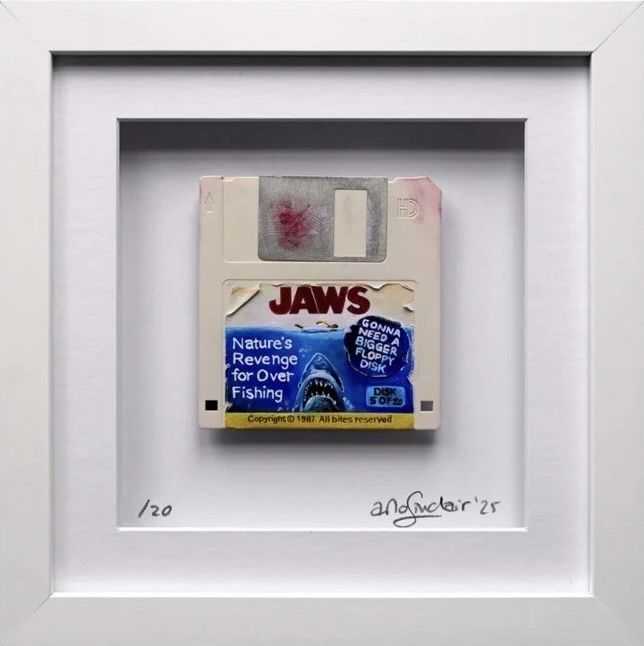 Arlo Sinclair, ‘JAWS: All Bites Reserved - 3.5” White’, 2025, Sculpture, Hand-painted retro floppy disk: acrylic paint, plastic disk, aluminium, paper. , null, Numbered, Framed