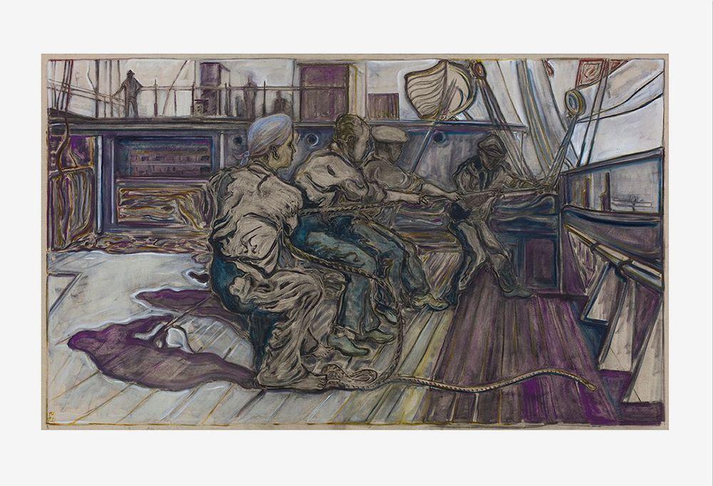 Artwork - Men hoisting a sail