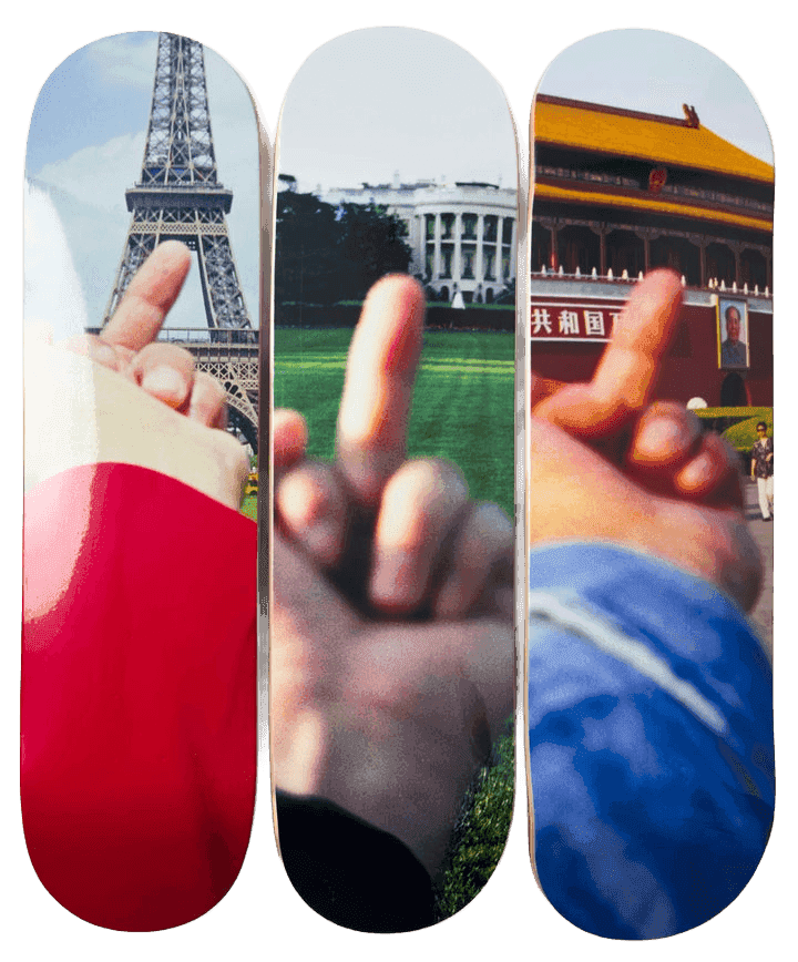 Ai Weiwei, ‘Study of Perspective Skateboard Deck Triptych (Set of all 3)’, 2024, Collectible, Set of 3 skateboard decks. Each screen printed on 7 ply Grade A Canadian Maple wood. , null,