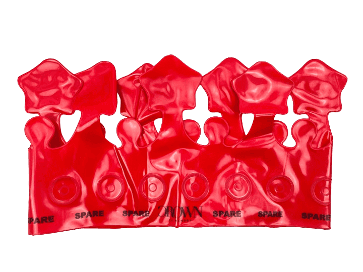 CJ Hendry, ‘Inflatable Crown’, 2025, Sculpture, Deflated red vinyl wearable crown with black text, null,