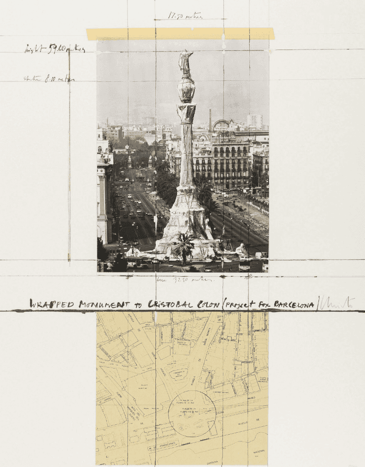 Christo and Jeanne-Claude, ‘Wrapped Monument to Cristobal Colon’, 1992, Print, Screenprint in colours with collage of photograph, map and masking tape, null, Numbered