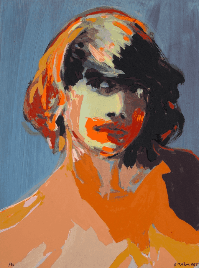 Claire Tabouret, ‘Makeup (Orange and Shadows)’, 2021, Print, Lithograph and screenprint in colours with gloss varnish overlay, on Somerset paper, the full sheet with deckled edges, null, Numbered