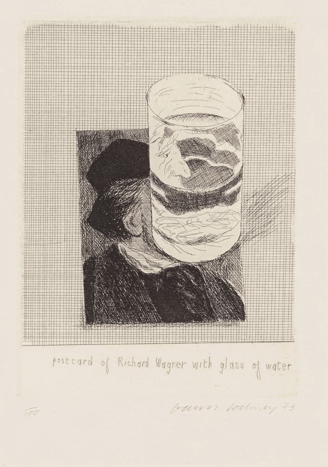 David Hockney, ‘Postcard Of Richard Wagner With A Glass Of Water’, 1973, Print, Etching in colours on English mould made paper, null, Numbered