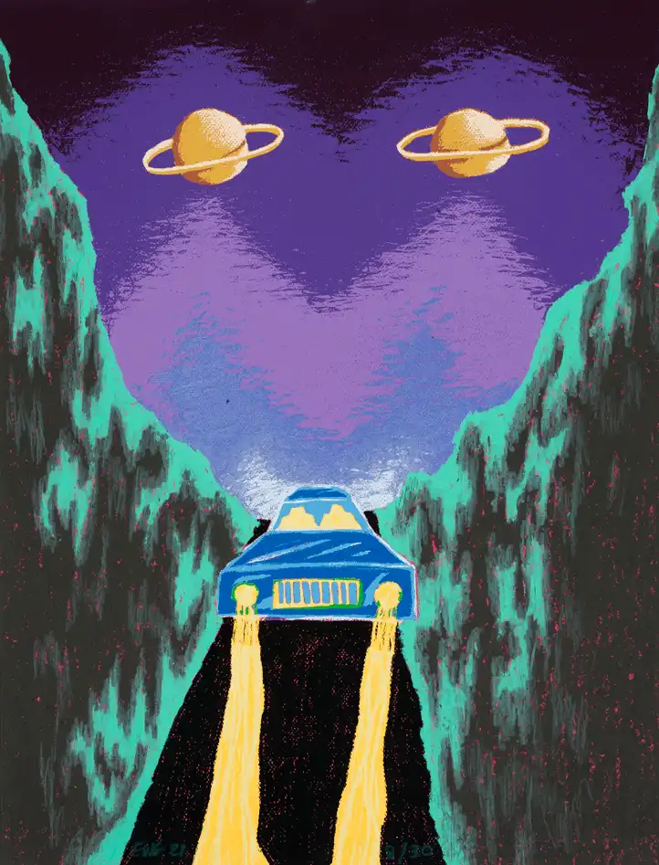 Eliot Greenwald, ‘Night Car (Morning Star)’, 14-09-2021, Print, Water soluble wax pastel & 14-color silkscreen on Canson Mi-Teintes drawing paper, Exhibition A, Numbered, Dated, Handfinished