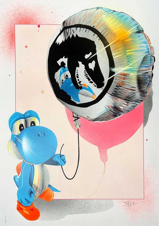 Fanakapan, ‘Yoshi's Day Off (Trip to Jurassic Park) - Blue Hand Finished’, 2023, Print, Archival Pigment Print with 4 Layer screen print 300 Gsm somerset satin Paper, Graffiti Prints, Numbered, Handfinished