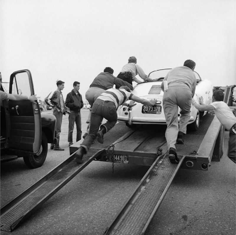 Frank Worth, ‘James Dean Pushing Porsche at Car Rally’, 1956, Photography, Fine art print, null,