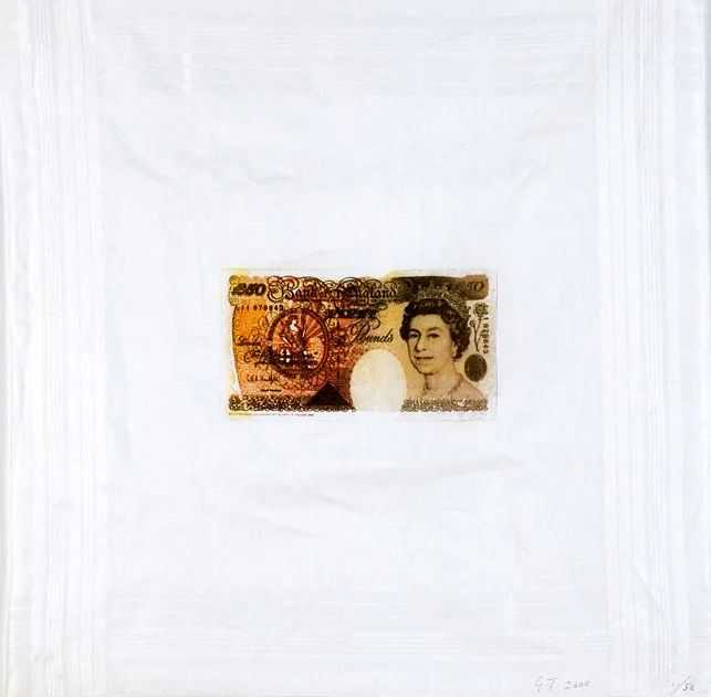 Gavin Turk, ‘£50 Note’, 2000, Print, Silkscreen on handkerchief, Paul Stolper Gallery, Numbered