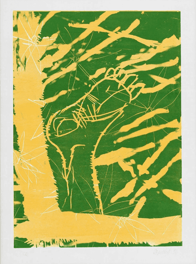 Georg Baselitz, ‘Auch Fuß (Also Foot)’, 1997, Print, Original woodcut from 2 canes on a hand-coloured ground, null, Numbered