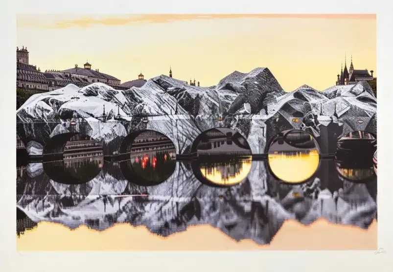 JR, ‘The Caverne du Pont Neuf, seen from the Pont des Arts, May 22, 2026, 4:46 a.m., Paris, France, 2026’, 2026, Print, 8-color lithograph printed on a Marinoni press, BFK Rives - 270 grams, Atelier JR, Numbered