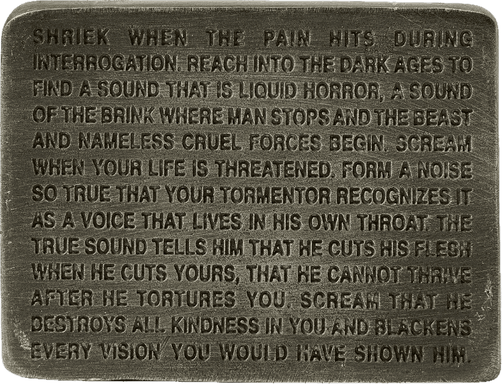 Jenny Holzer, ‘Inflammatory Essays: Shriek When the Pain Hits During Interrogation’, 1996, Sculpture, Pewter multiple with engraved text, null, Numbered