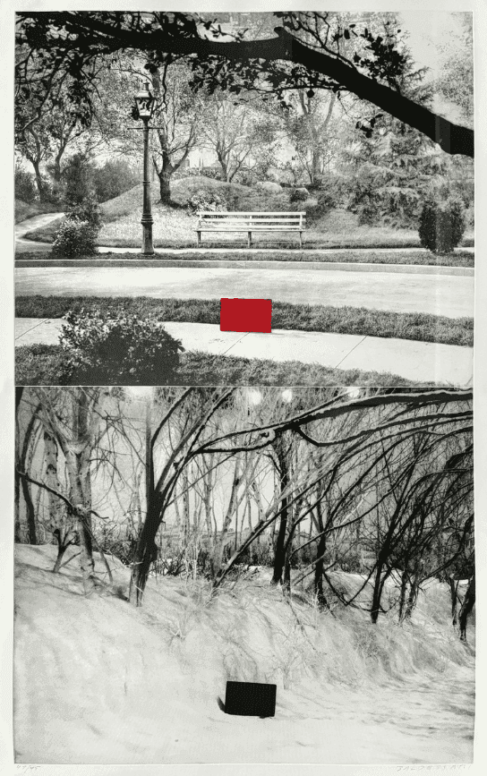John Baldessari, ‘Two Sets (One with Bench)’, 1990, Print, Aquatint printed in colors with photogravure on Somerset paper, null, Numbered