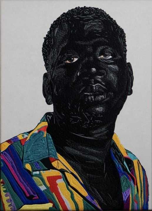 Otis Kwame Kye Quaicoe, ‘Tahir Suleman’, 2025, Print, 28-color embroidery on light grey velvet., VANGART, Framed