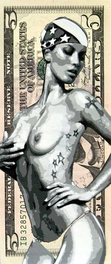 Penny, ‘Abe's Babes - Faith’, 04-10-2011, Print, 8 layer hand-cut stencils with spray paint on genuine 5 dollar bill, Self-released, Dated, Handfinished