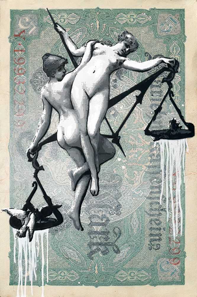 Penny, ‘Hanging In The Balance (Reverse)’, 27-08-2011, Print, 10 colour design screen printed onto genuine Reverse of 1917 Fünf Mark all with hand-sprayed background, Mother Drucker, Dated, Handfinished