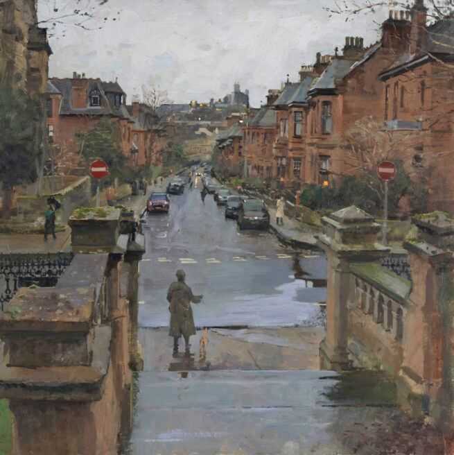 Peter Brown, ‘Dowanside Road from Crown Circus Steps, Rain (Glasgow)’, 2026, Print, Hahnemühle Smooth Photo Rag Bright White, 100% cotton rag, pH‑neutral, acid‑free fine‑art paper, null, Numbered