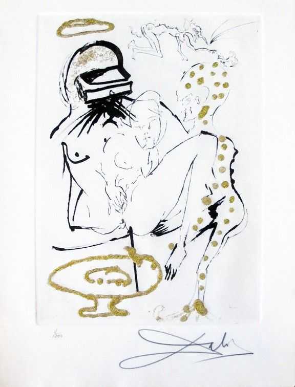 Salvador Dalí, ‘Duel aux camelias (Duel with camelias) from Les Amours Jaunes’, 1974, Print, Original etching and added color and gold flakes on Arches paper, null, Numbered