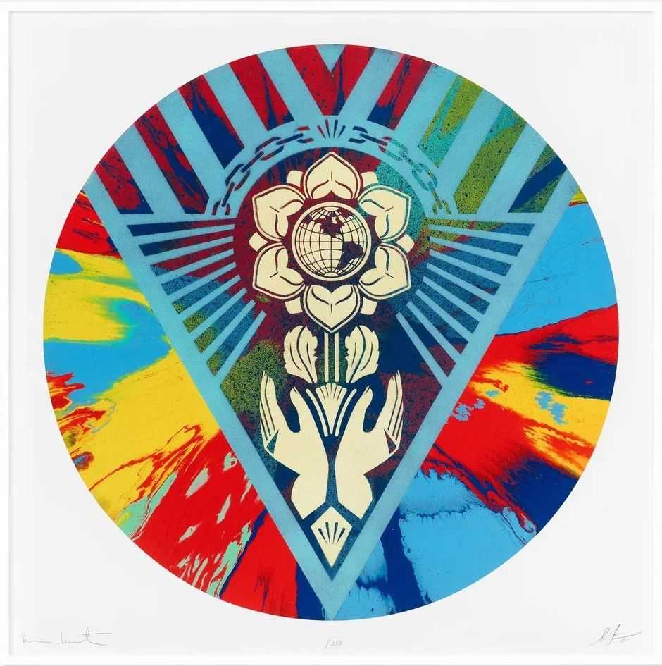 Shepard Fairey (Obey), ‘Beautiful Rotating Earth Justice Spin Painting’, 2025, Print, Giclée print on paper, Heni Editions, Numbered