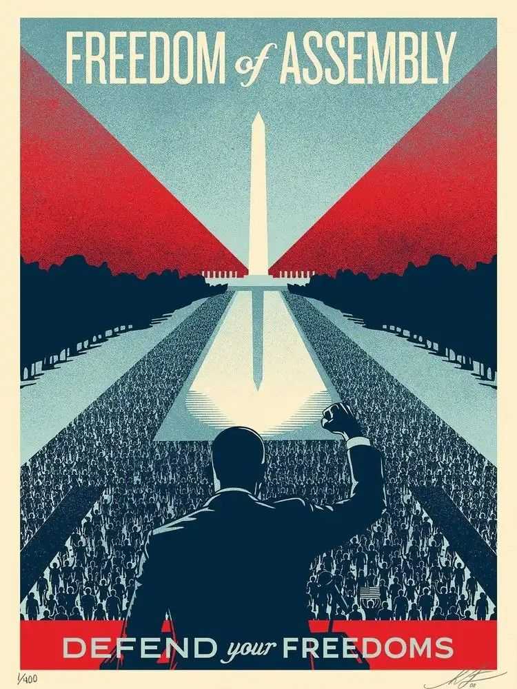 Shepard Fairey (Obey), ‘Defend Your Freedoms’, 2026, Print, Screen print on 80# cream Speckletone paper, Obey Giant, Numbered
