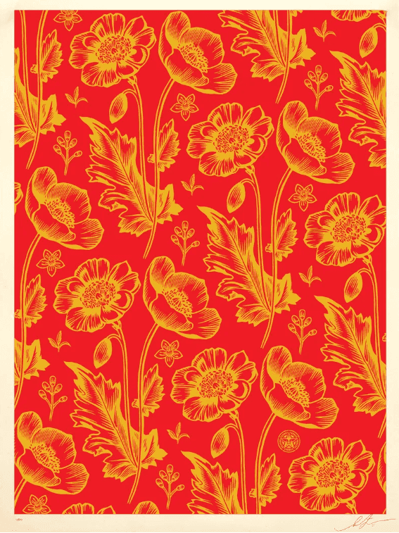 Shepard Fairey (Obey), ‘Sedation in Bloom (Red and Gold)’, 2021, Print, Screenprint on thick cream Speckletone paper, null, Numbered