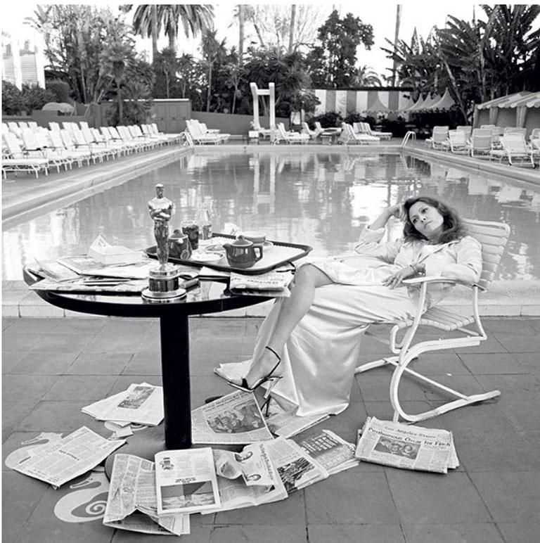Terry O'Neill, ‘The Morning After – Faye Dunaway, Beverly Hills Hotel, LA, 1977 (Sitting Back) (Large) - Estate print’, 1977, Photography, Photography - Gelatin Silver Print, null, Numbered
