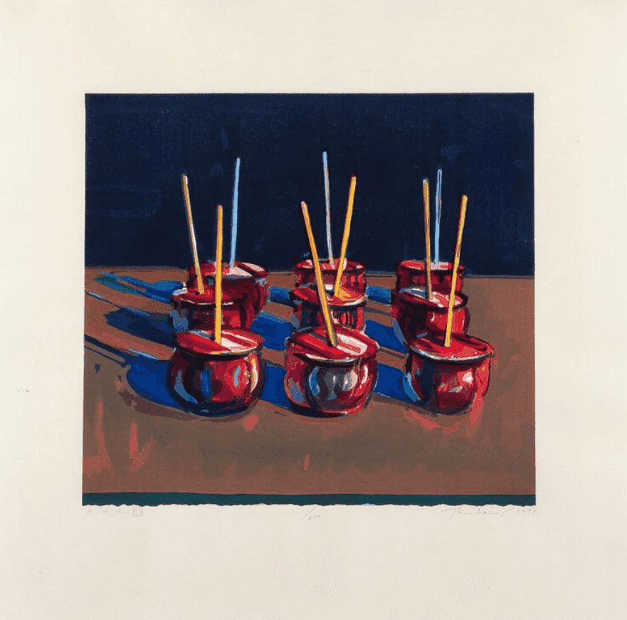 Wayne Thiebaud, ‘Candy Apples’, 1987, Print, Woodcut in colors on Tosa Koza paper, Crown Point Press, Numbered, Dated