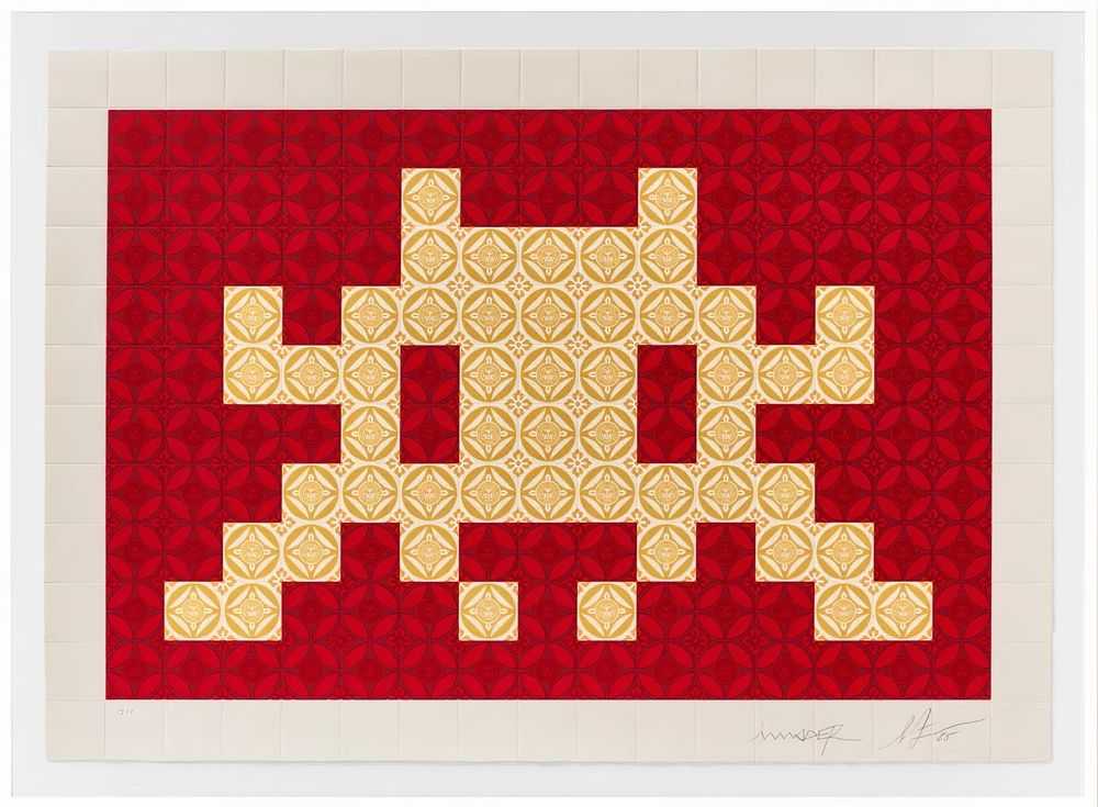 Shepard Fairey (Obey), ‘TT1-4 - Positive Space/Negative Space (Cream/Red)’, 2025, Print, Silkscreen print with embossing on cotton rag paper, null, Numbered, Framed