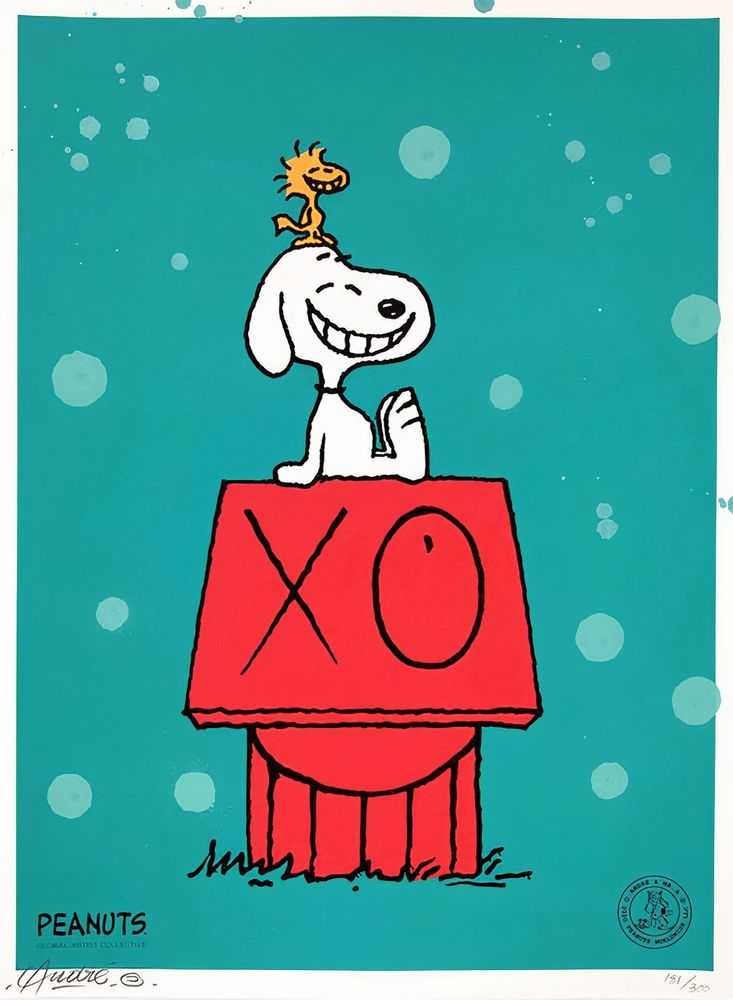 André Saraiva, ‘Snoopy & Woodstock on Red House (Hand Finished Blue)’, 2020, Print, hand-finished with spraypaint silkscreen on 90# Cover Crane Lettra Cotton Archival Paper, Self-released, Numbered, Handfinished