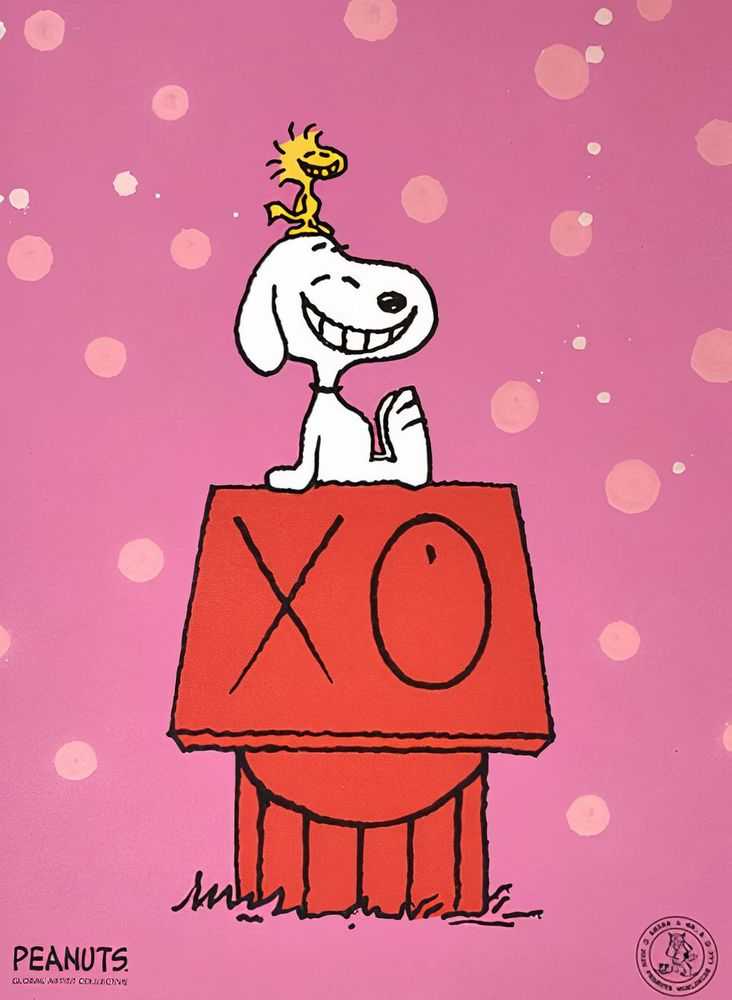 André Saraiva, ‘Snoopy & Woodstock on Red House (Hand Finished Pink)’, 2020, Print, hand-finished with spraypaint silkscreen on 90# Cover Crane Lettra Cotton Archival Paper, Self-released, Numbered, Handfinished