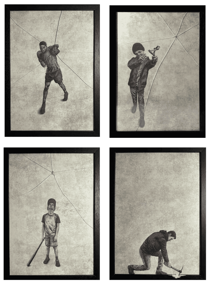 Andrew Scott, ‘Escape, Slingshot, The Boxer, Foul Ball (Set of 4)’, 2023, Print, Set of 4 Watercolor Paper Prints + Chiseled frame + Hand Drawn Digital Illustration, Stowe Gallery, Numbered, Framed