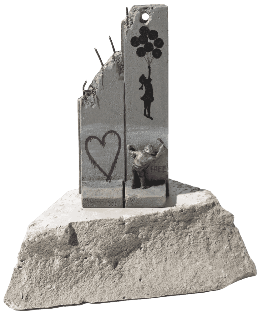 Banksy, ‘Defeated Souvenir Wall Two Part (Girl With Balloons)’, 2019, Sculpture, Hand-painted resin sculpture with West Bank Separation Wall base, Walled Off Hotel, Handfinished