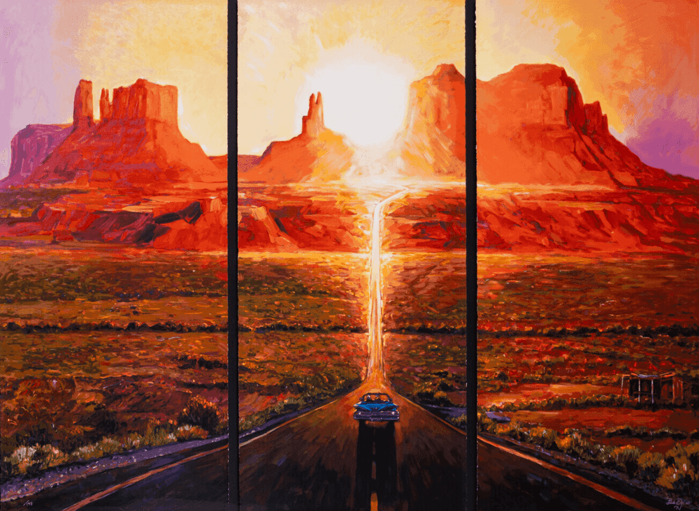 Bob Dylan, ‘Sunset in Monument Valley, from The Retrospectrum Collection (Triptych)’, 2022, Print, Each panel contains layers of acrylic resin ink and brushstroke layers on card plus UV varnish to simulate the original work in acrylic, null, Numbered