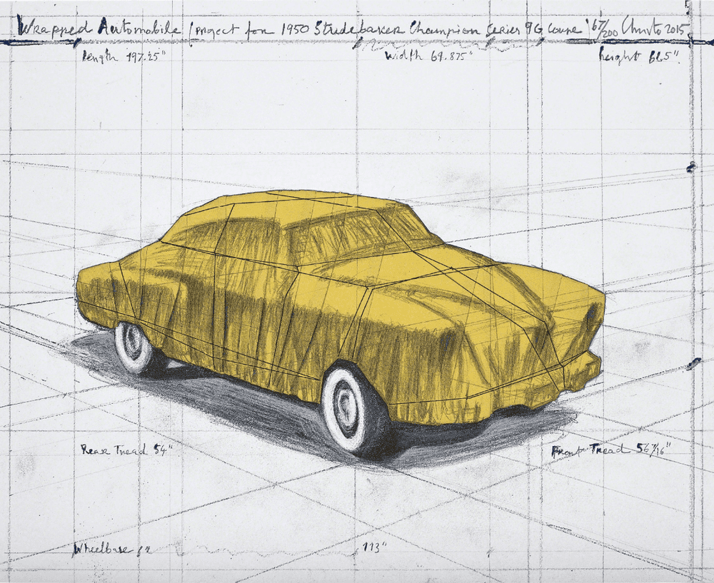 Christo and Jeanne-Claude, ‘Wrapped Automobile’, 2015, Print, Lithograph in colours with hand-colouring in pencil and collage of broadcloth, null, Numbered, Dated