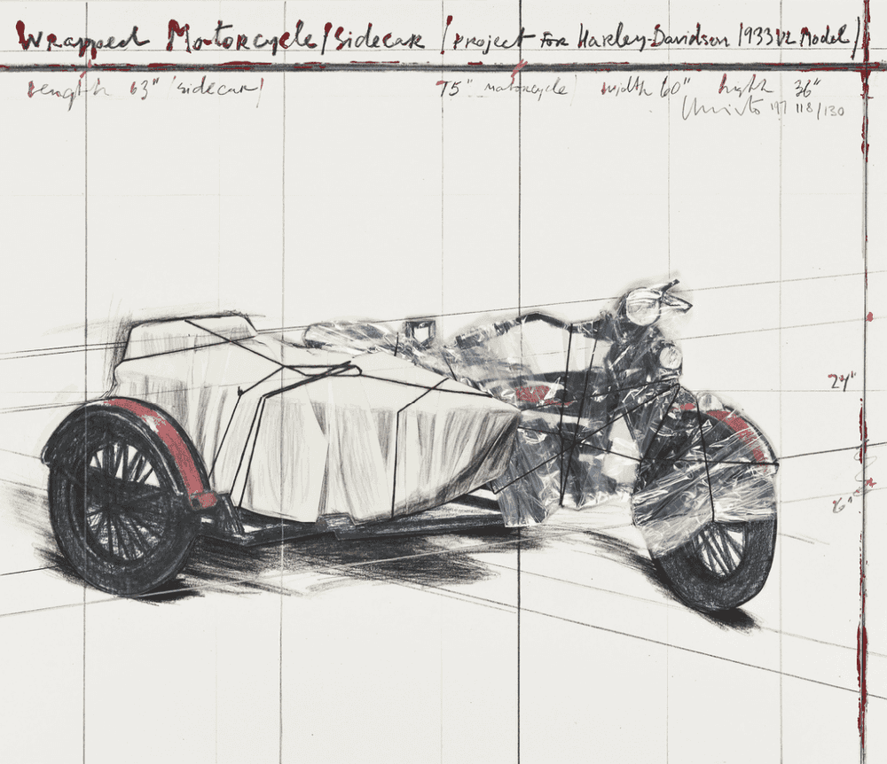 Christo and Jeanne-Claude, ‘Wrapped Motorcycle - Sidecar’, 1997, Print, Lithograph printed in colors with collage of broadcloth, polyethylene, twine and pencil, null, Numbered, Dated