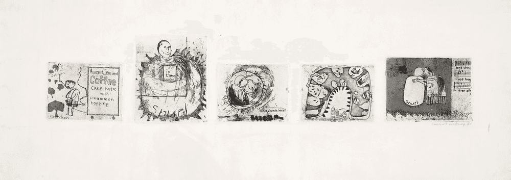 David Hockney, ‘Gretchen And The Snurl’, 1961, Print, Five etchings with aquatint printed in a row on one sheet, null, Numbered